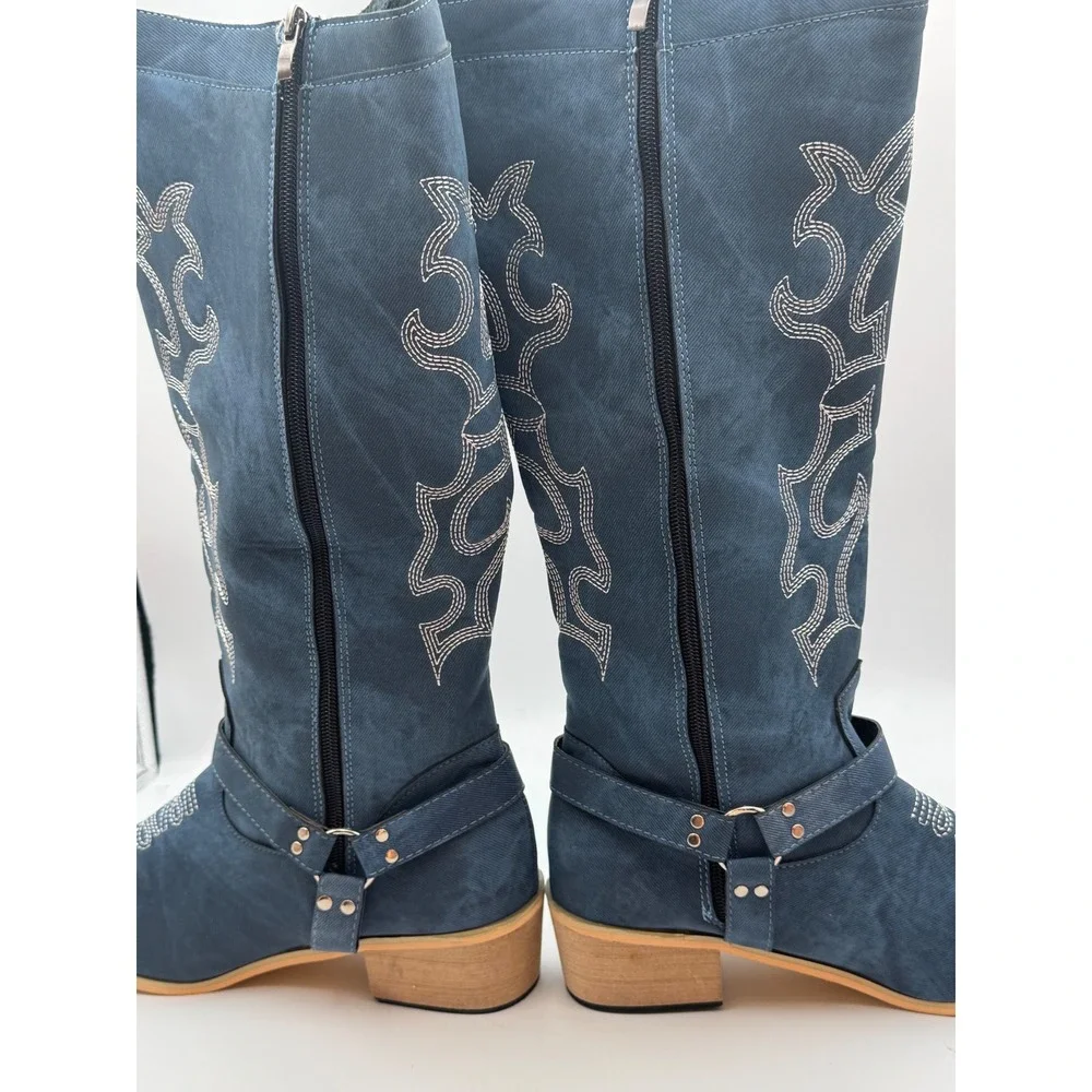 Blue Denim Embroidered Western Knee High Boots Harness Detail Tall Zip Up